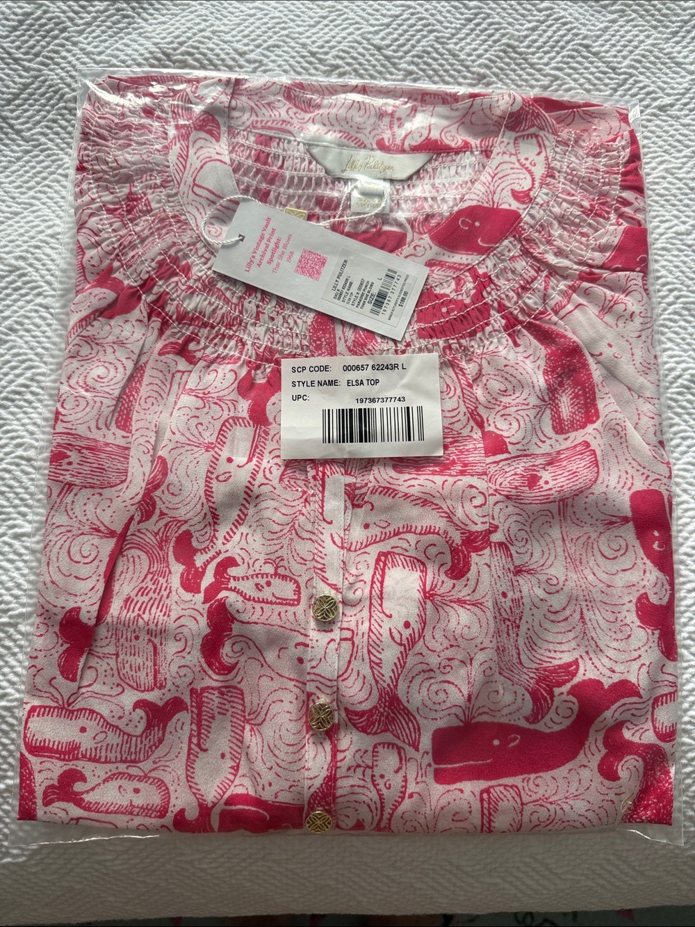 Lilly Pulitzer Pink & White Whale Print Elsa Top Size L NWT